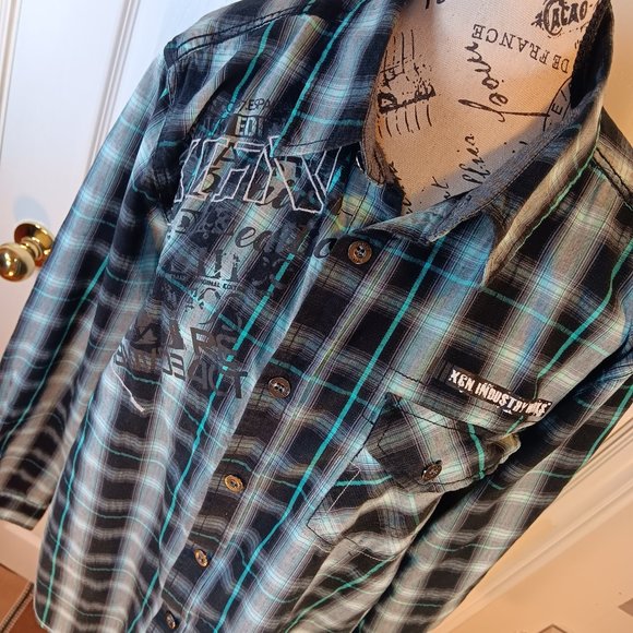 Oxygen NWOT Men's Turquoise Black Button Down Long Sleeve Graphic Shirt Size L - Picture 13 of 16